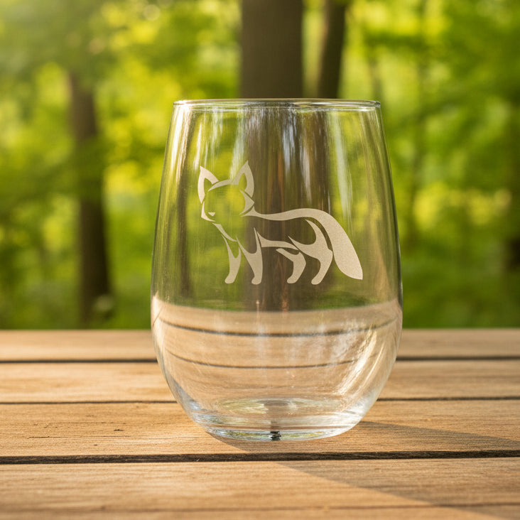 17oz Stemless Wine Glass with an etched image of an fox with a background of a trees 