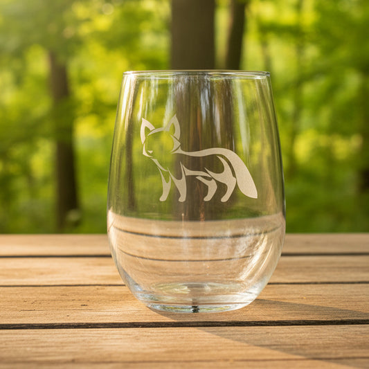 17oz Stemless Wine Glass with an etched image of an fox with a background of a trees 