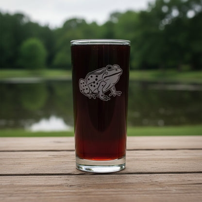 15oz Cooler  Glass with an etched image of a frog  with a pond  in the  background