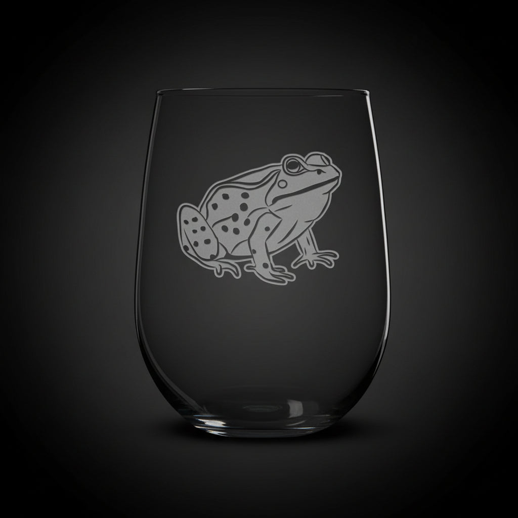 17oz Stemless Wine Glass with an etched image of a fox, on a black background