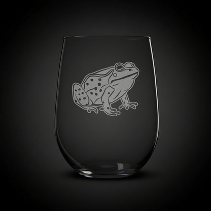 17oz Stemless Wine Glass with an etched image of a fox, on a black background