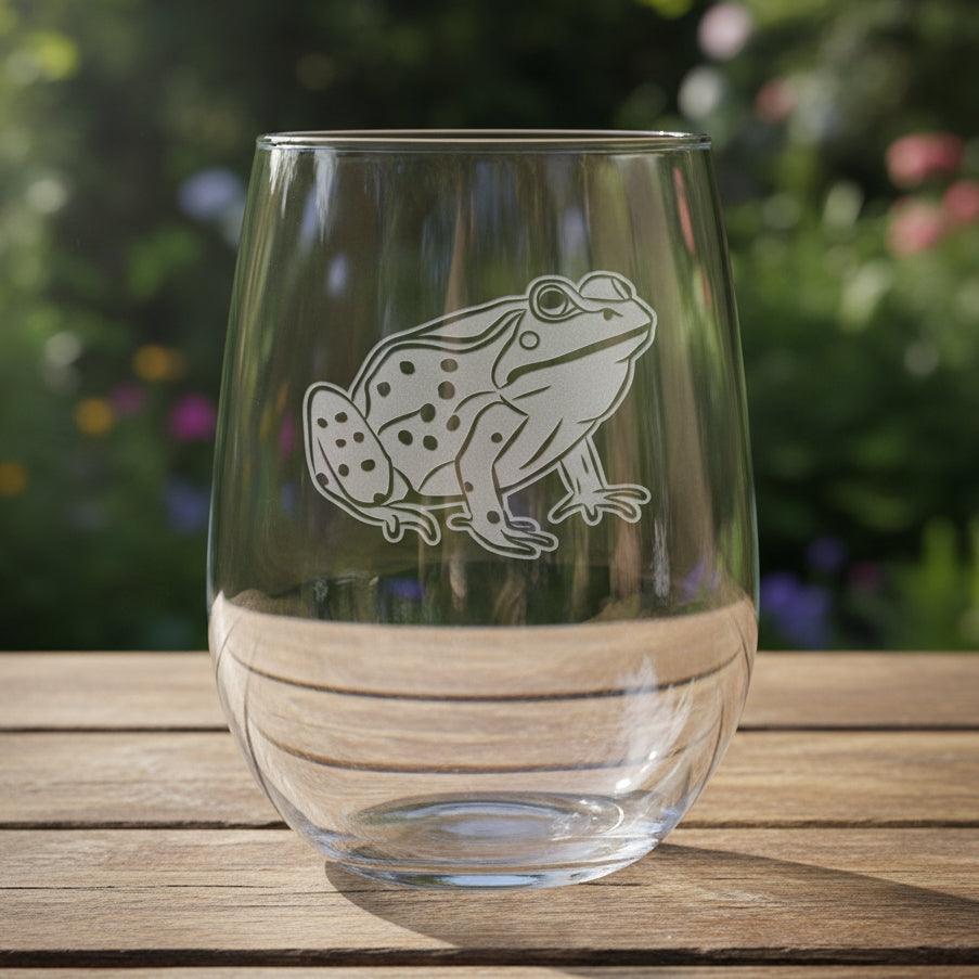 17oz Stemless Wine Glass with an etched image of a frog with a background of garden greenery 