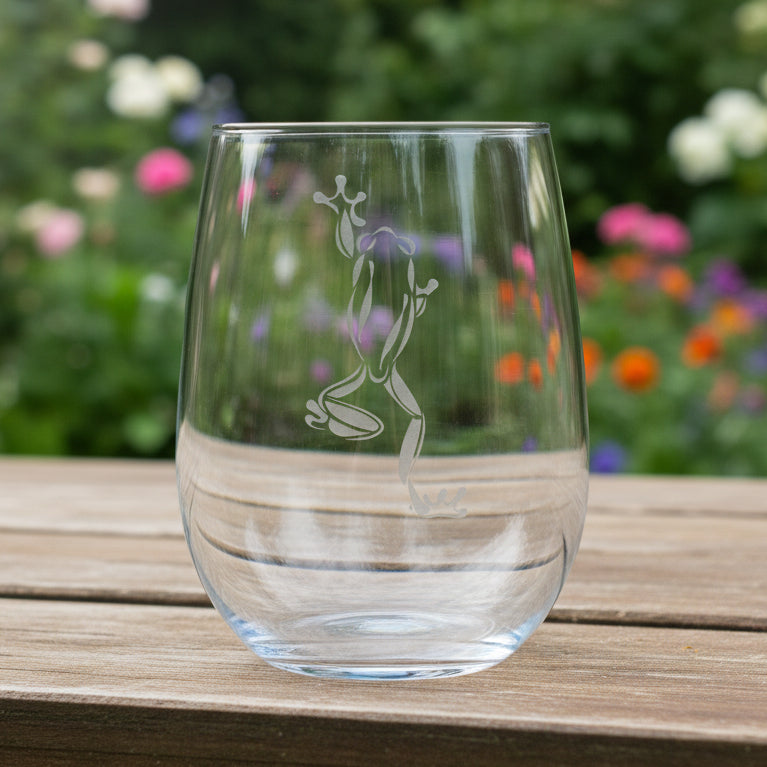 17oz Stemless Wine Glass with an etched image of a frog with a background of a garden 