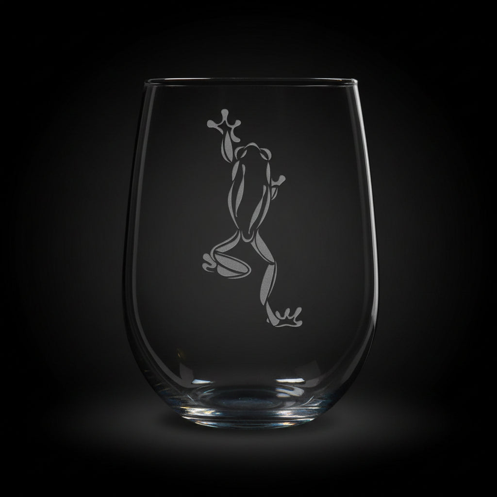 17oz Stemless Wine Glass with an etched image of a fox, on a black background