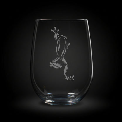 17oz Stemless Wine Glass with an etched image of a fox, on a black background