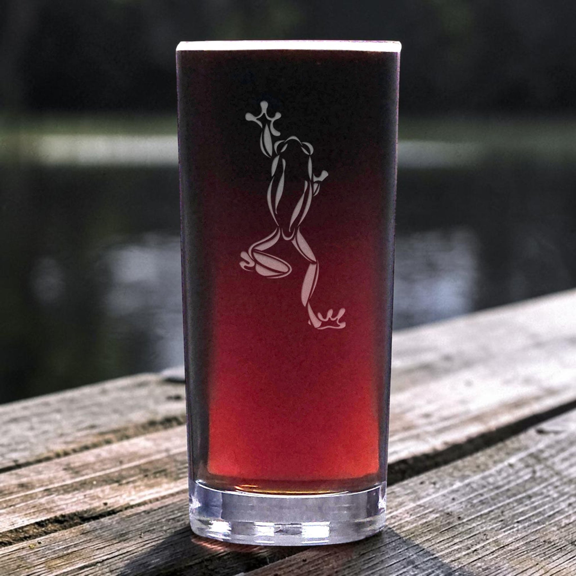 15oz Cooler  Glass with an etched image of a climbing frog  with a pond  in the  background