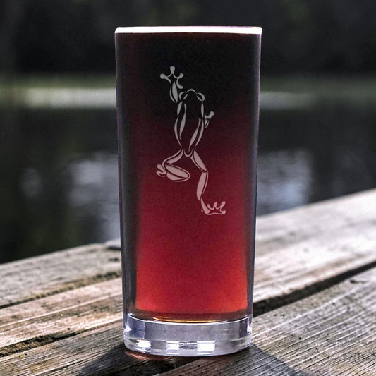 15oz Cooler  Glass with an etched image of a climbing frog  with a pond  in the  background
