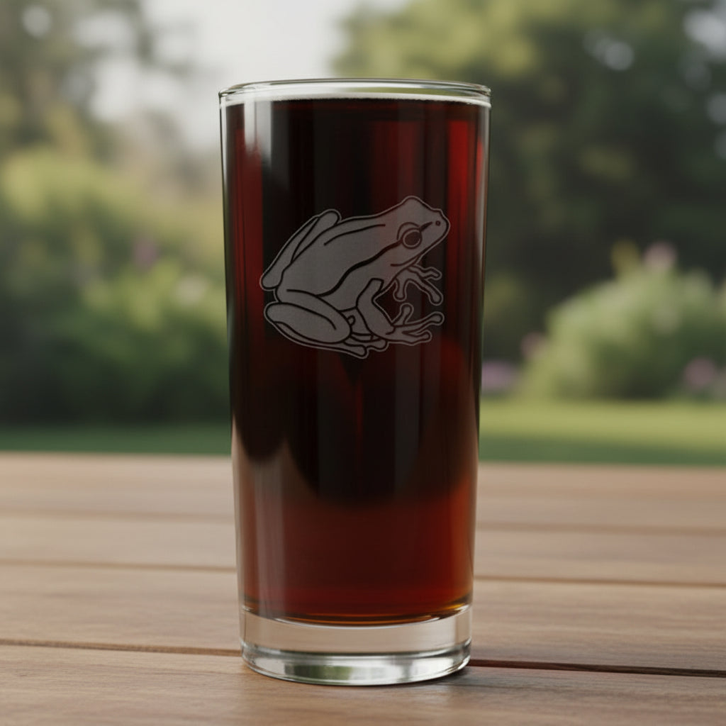 15oz Cooler Glass with an etched image of a garden frog with a background of garden greenery 
