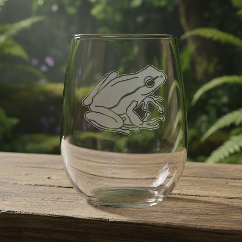 17oz Stemless Wine Glass with an etched image of a garden frog with a background of garden greenery 