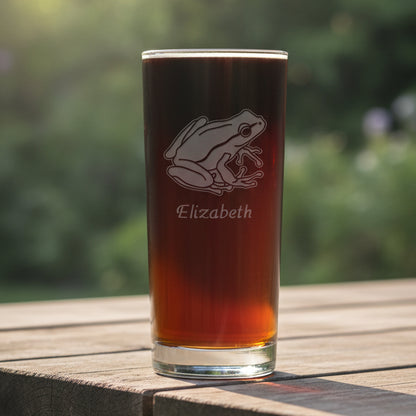 15oz Cooler Glass with an etched image of a garden frog with a background of garden greenery 