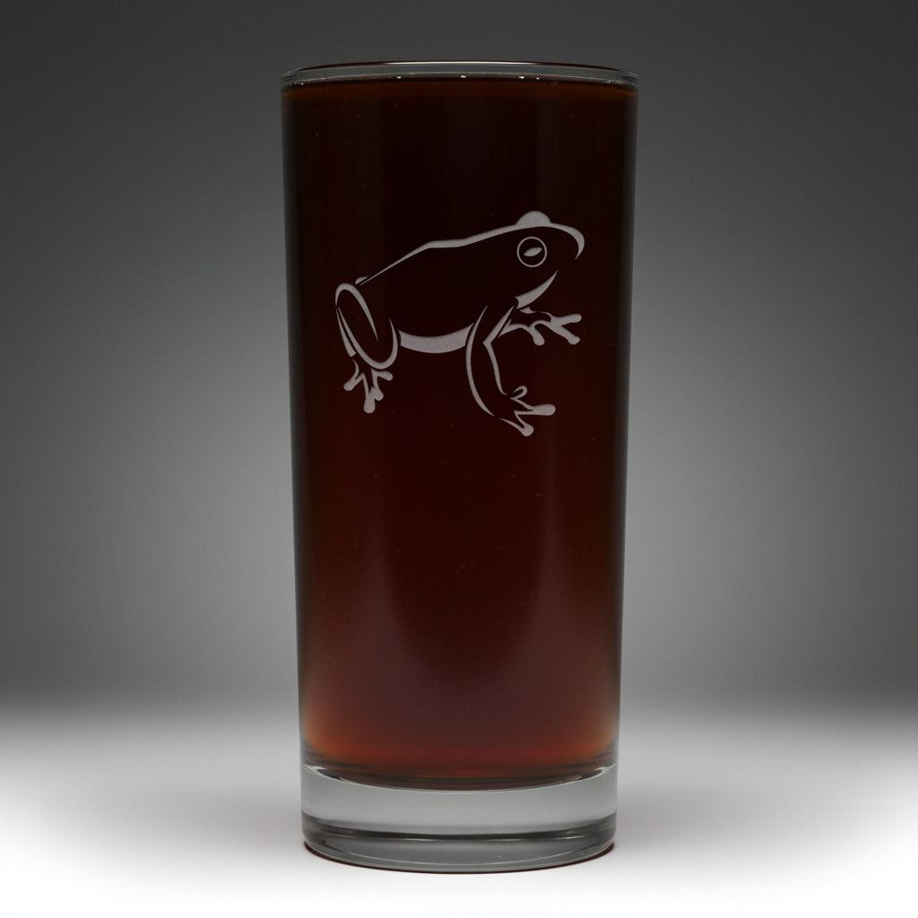 15oz Cooler  Glass with an etched image of a Sitting Frog with a grey background 