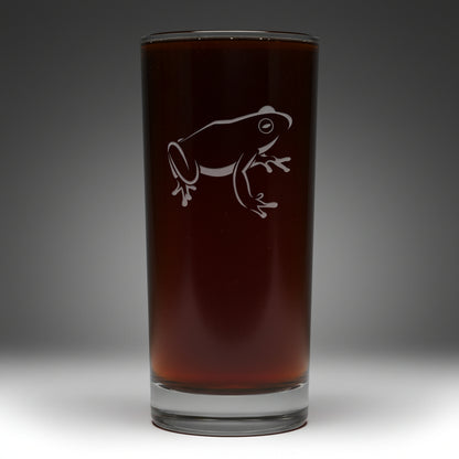 15oz Cooler  Glass with an etched image of a Sitting Frog with a grey background 