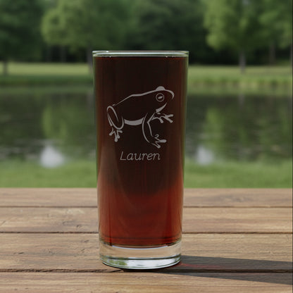 15oz Cooler  Glass with an etched image of a sitting frog  with a pond trees in the  background