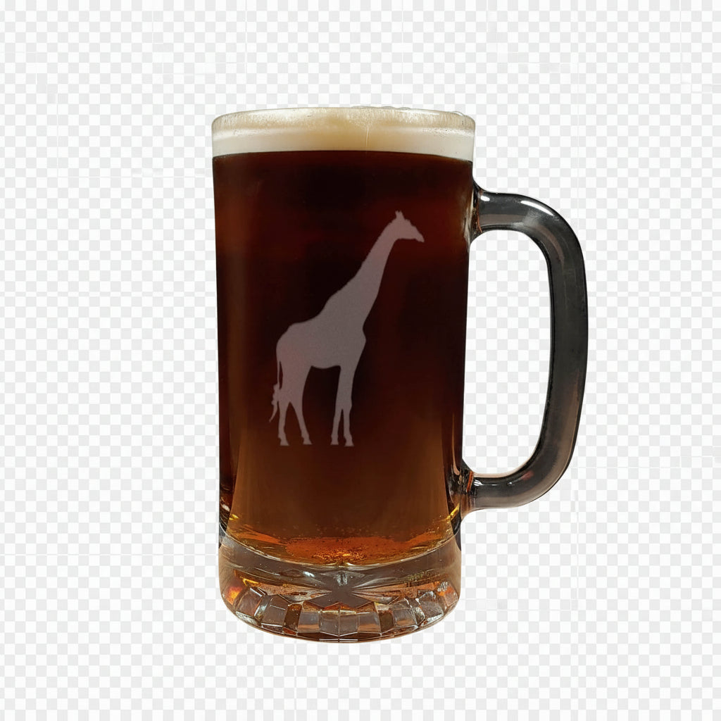 A clear glass beer mug with a handle, filled with dark beer and topped with white foam, featuring a white giraffe silhouette design on the front - no background