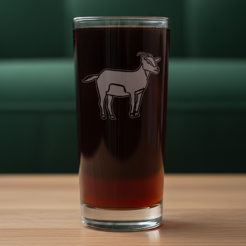 15oz Cooler Glass with an etched image of a goat  and a green couch in the background