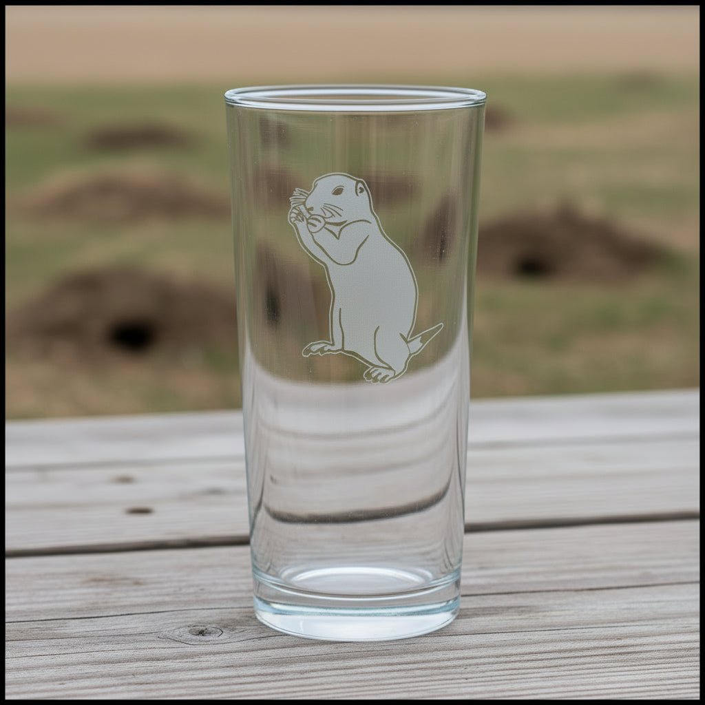 15oz Cooler  Glass with an etched image of a sitting frog  with a dug up field  in the  background