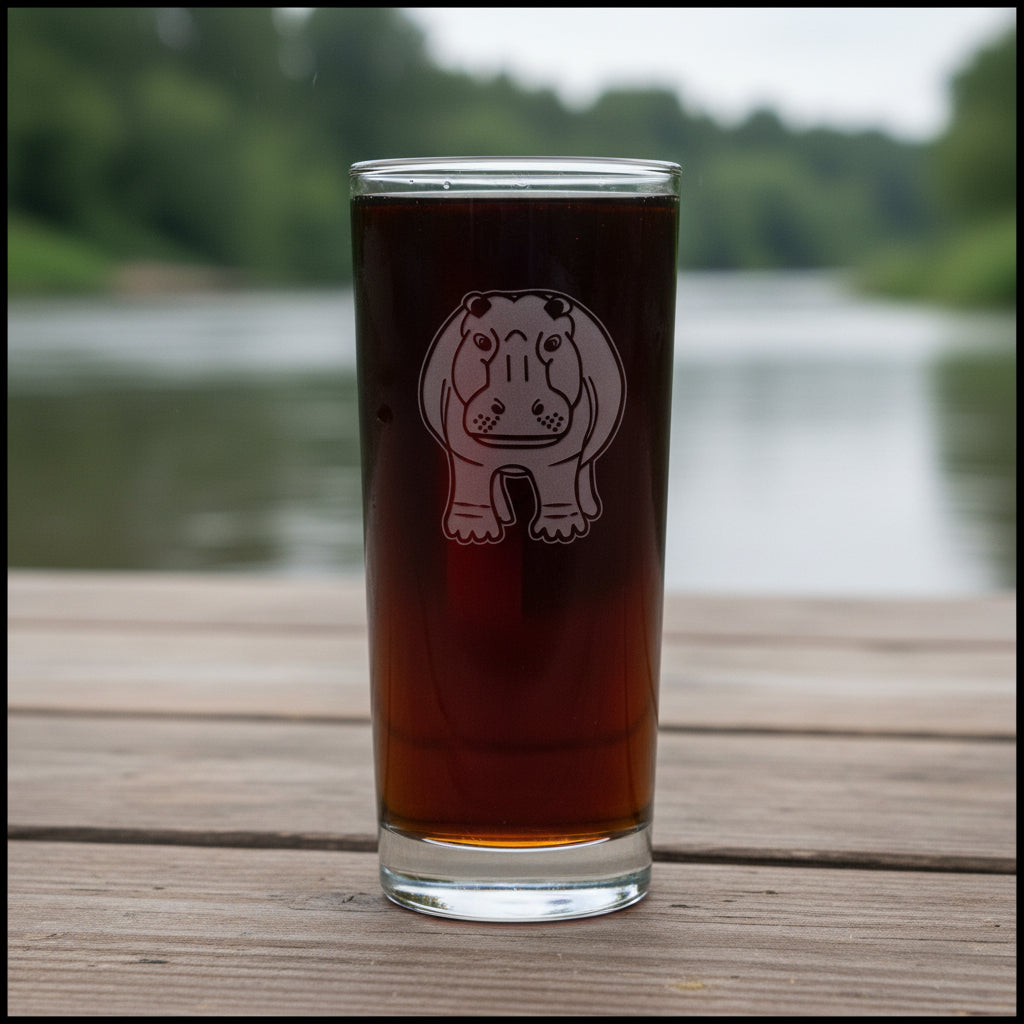 15oz Cooler  Glass with an etched image of a hippo with a background of a river