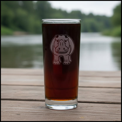 15oz Cooler  Glass with an etched image of a hippo with a background of a river