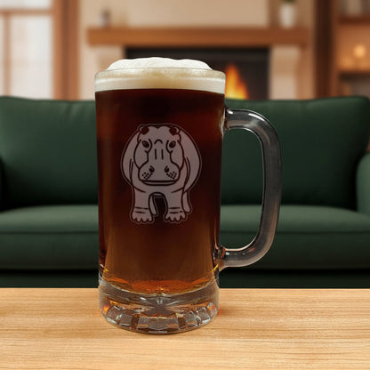 15oz Cooler Glass with an etched image of a hippo with a green couch in the background