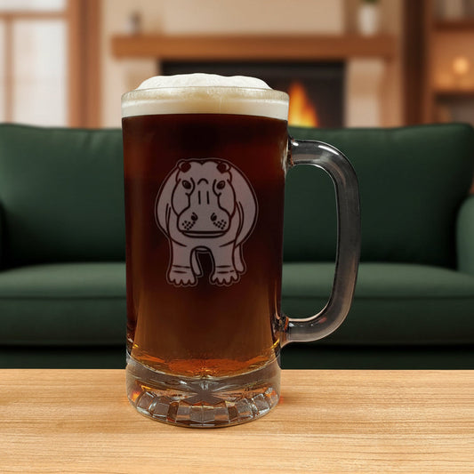 15oz Cooler Glass with an etched image of a hippo with a green couch in the background