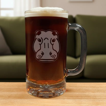 15oz Cooler Glass with an etched image of a hippo head with a green couch in the background