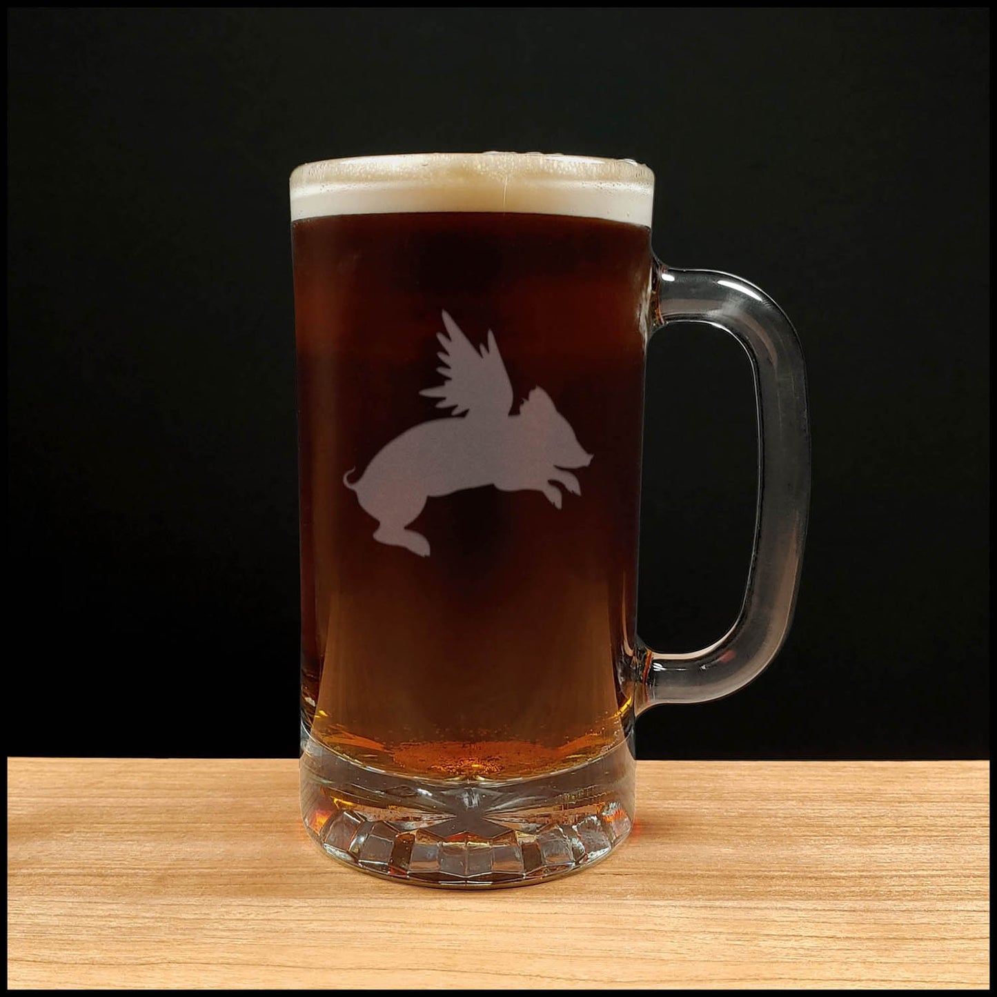 Pig Flying 16oz Beer Mug - Design 1 - Copyright Hues in Glass