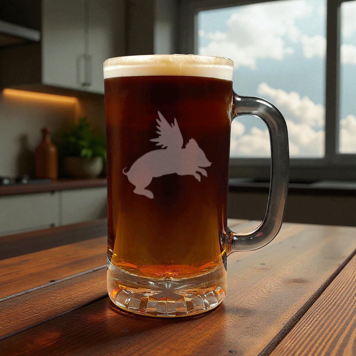 Pig Flying 16oz Beer Mug - Design 1 - Copyright Hues in Glass
