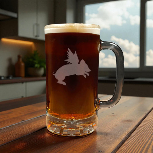Pig Flying 16oz Beer Mug - Design 1 - Copyright Hues in Glass