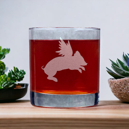 Flying Pig 11oz Whisky Glass - Design 2 - Copyright Hues in Glass