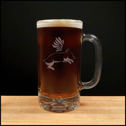 Pig Flying 16oz Beer Mug - Design 2 - Copyright Hues in Glass