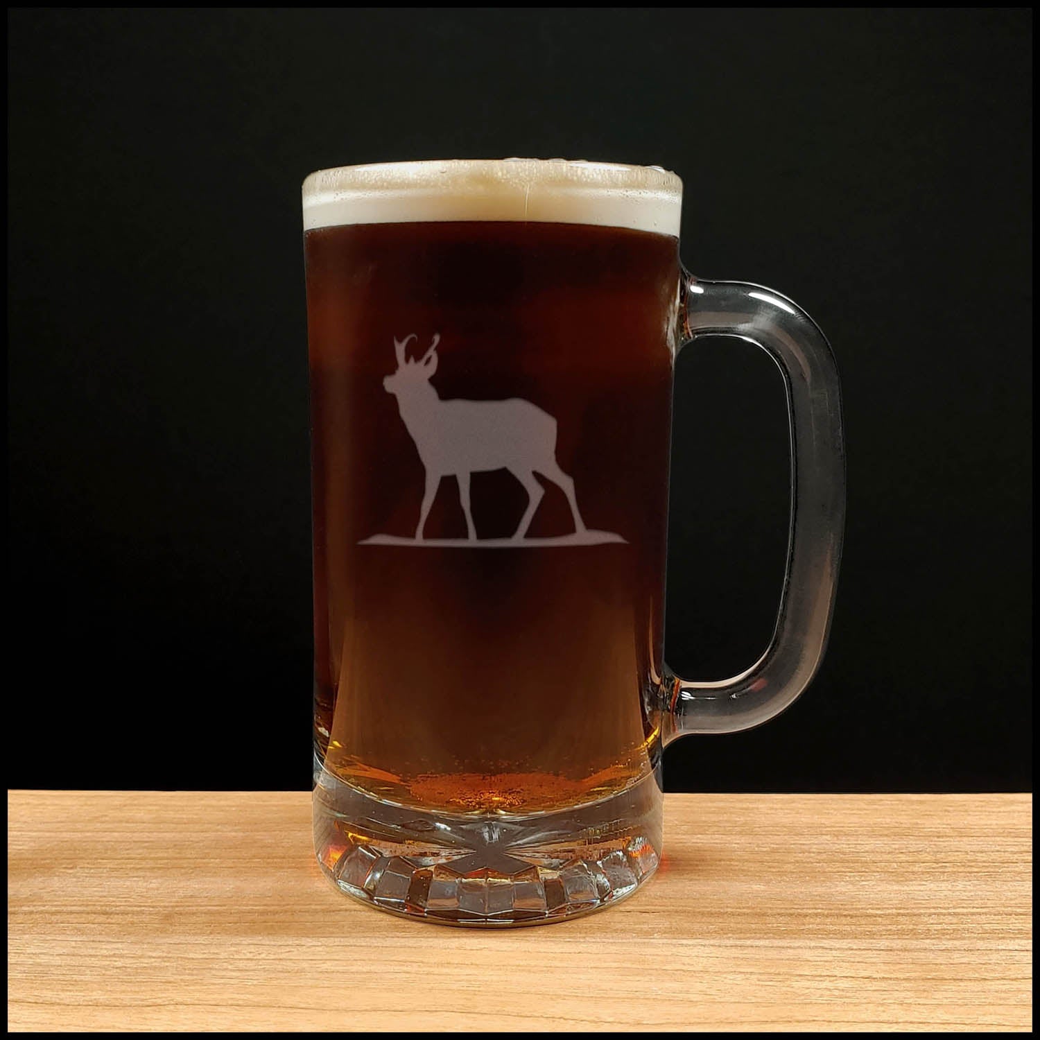 Pronghorn 16oz engraved beer mug with deep sandblasted design. A perfect personalized gift for hunters, dads, grads, and wildlife lovers. - Copyright Hues in Glass