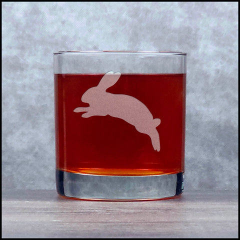 Rabbit 11oz etched whiskey Glass - copyright Hues in Glass