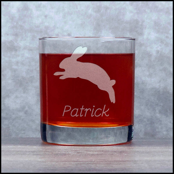 Personalized Sitting Rabbit 11oz etched whiskey Glass - copyright Hues in Glass