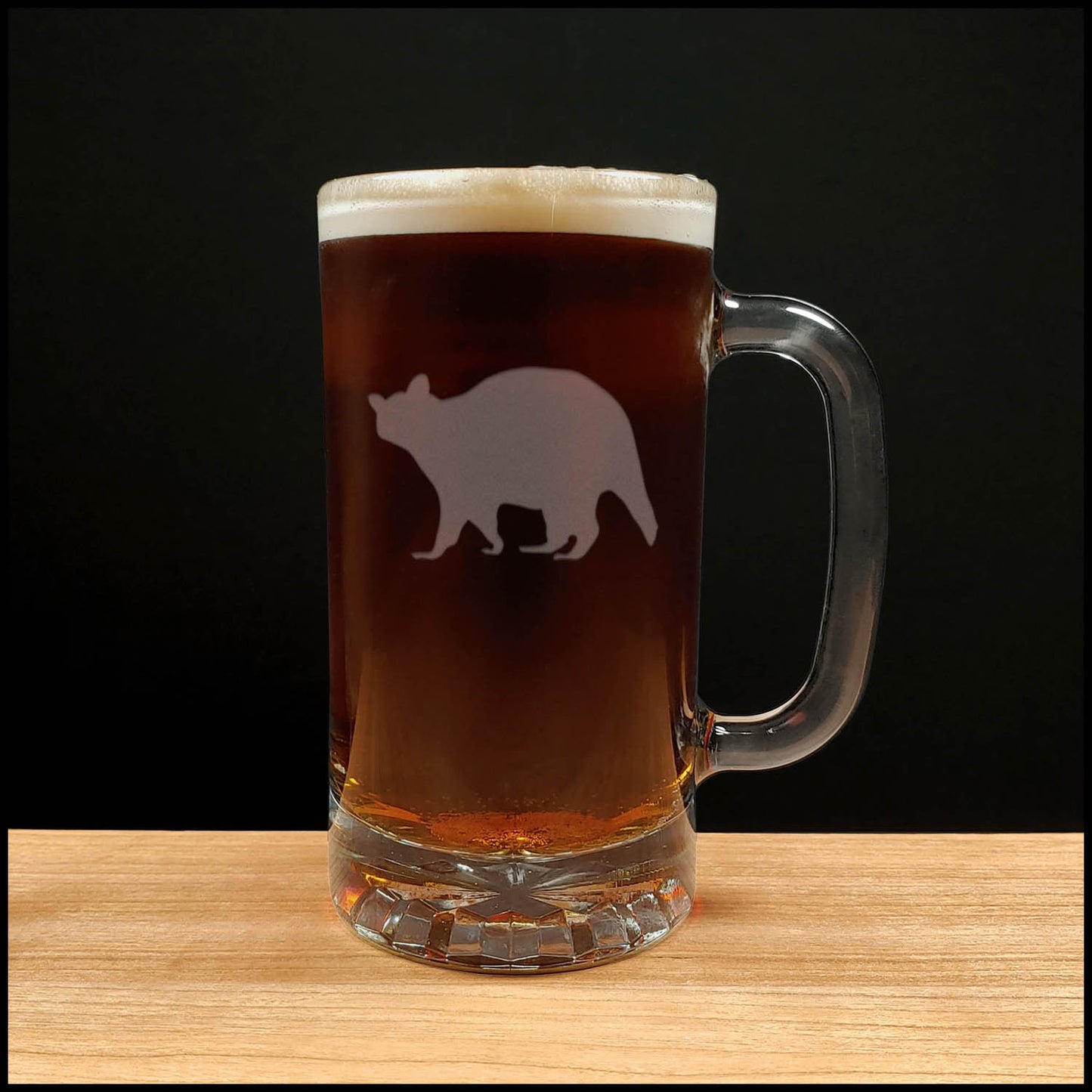 Raccoon 16oz Beer Mug - Design 3 - Copyright Hues in Glass