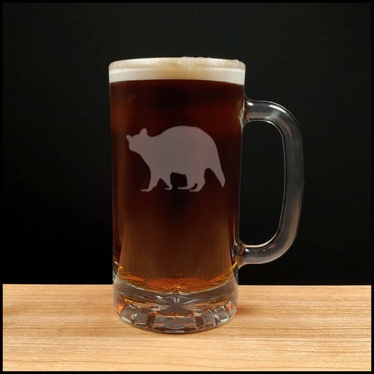 Raccoon 16oz Beer Mug - Design 3 - Copyright Hues in Glass