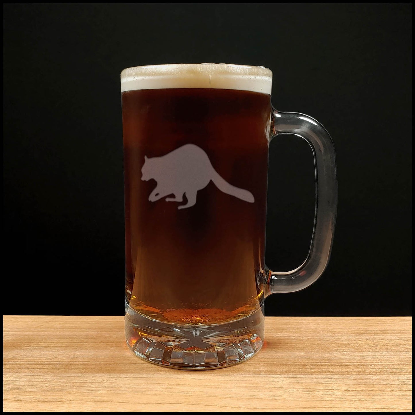 Raccoon 16oz Beer Mug - Design 6 - Copyright Hues in Glass