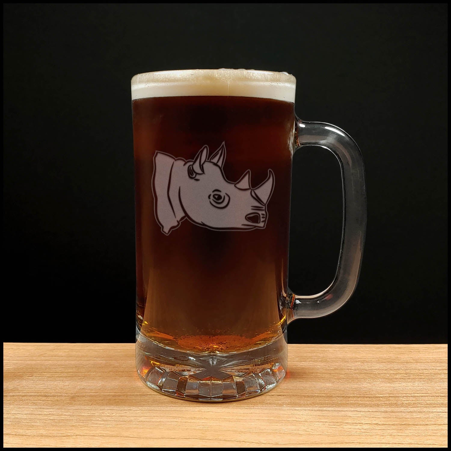 Rhinoceros Head 16oz Beer Mug - Design 2 - Copyright Hues in Glass