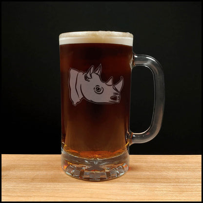 Rhinoceros Head 16oz Beer Mug - Design 2 - Copyright Hues in Glass