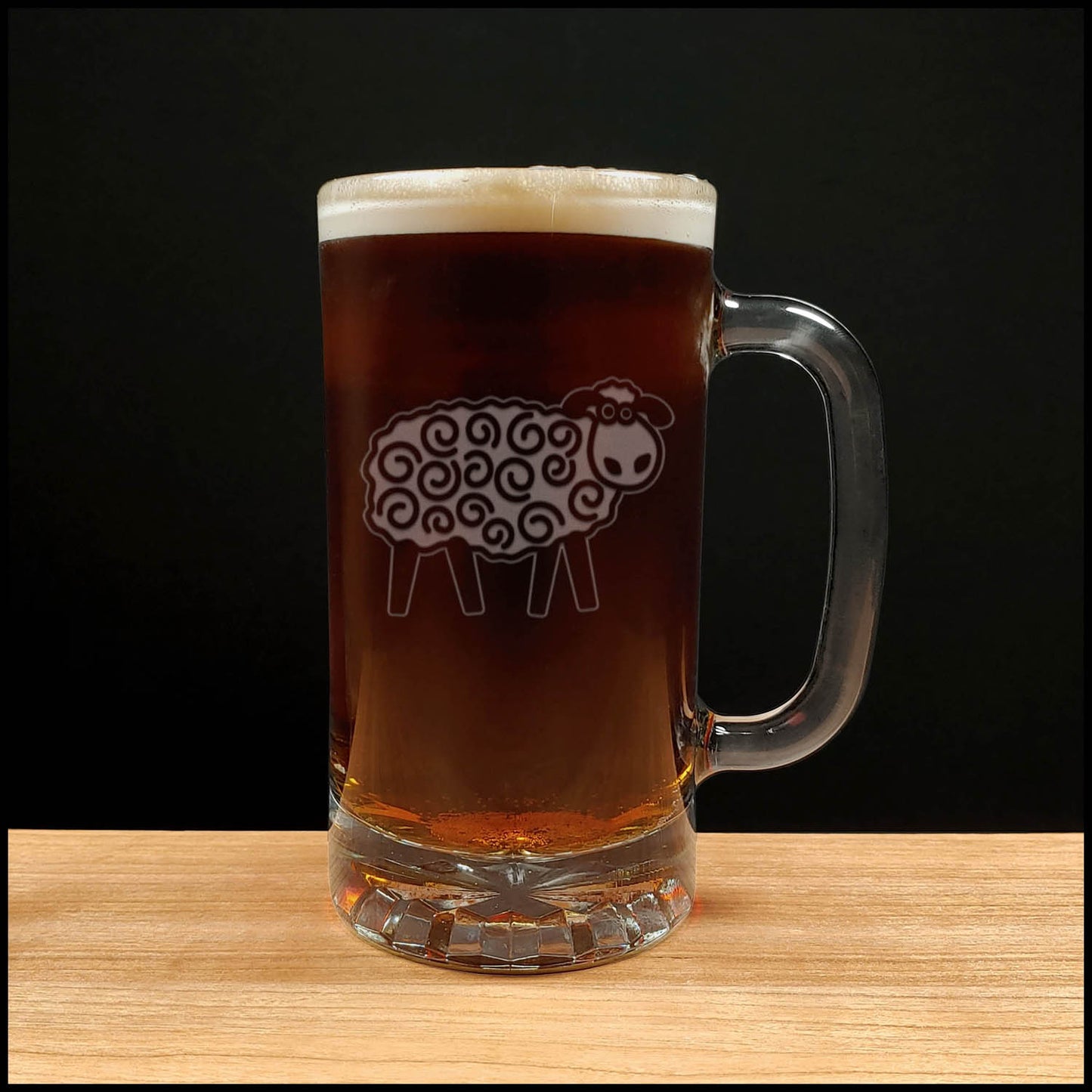 Cartoon Sheep 16oz Beer Mug - Design 2 - Copyright Hues in Glass