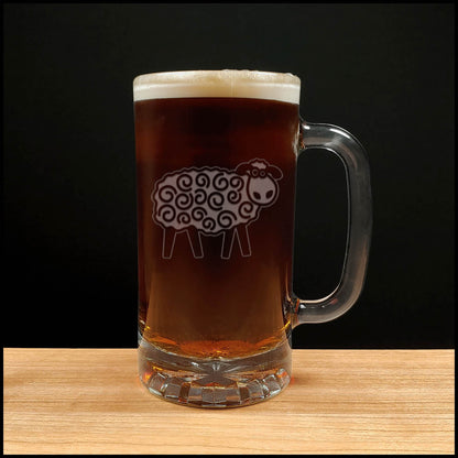 Cartoon Sheep 16oz Beer Mug - Design 2 - Copyright Hues in Glass