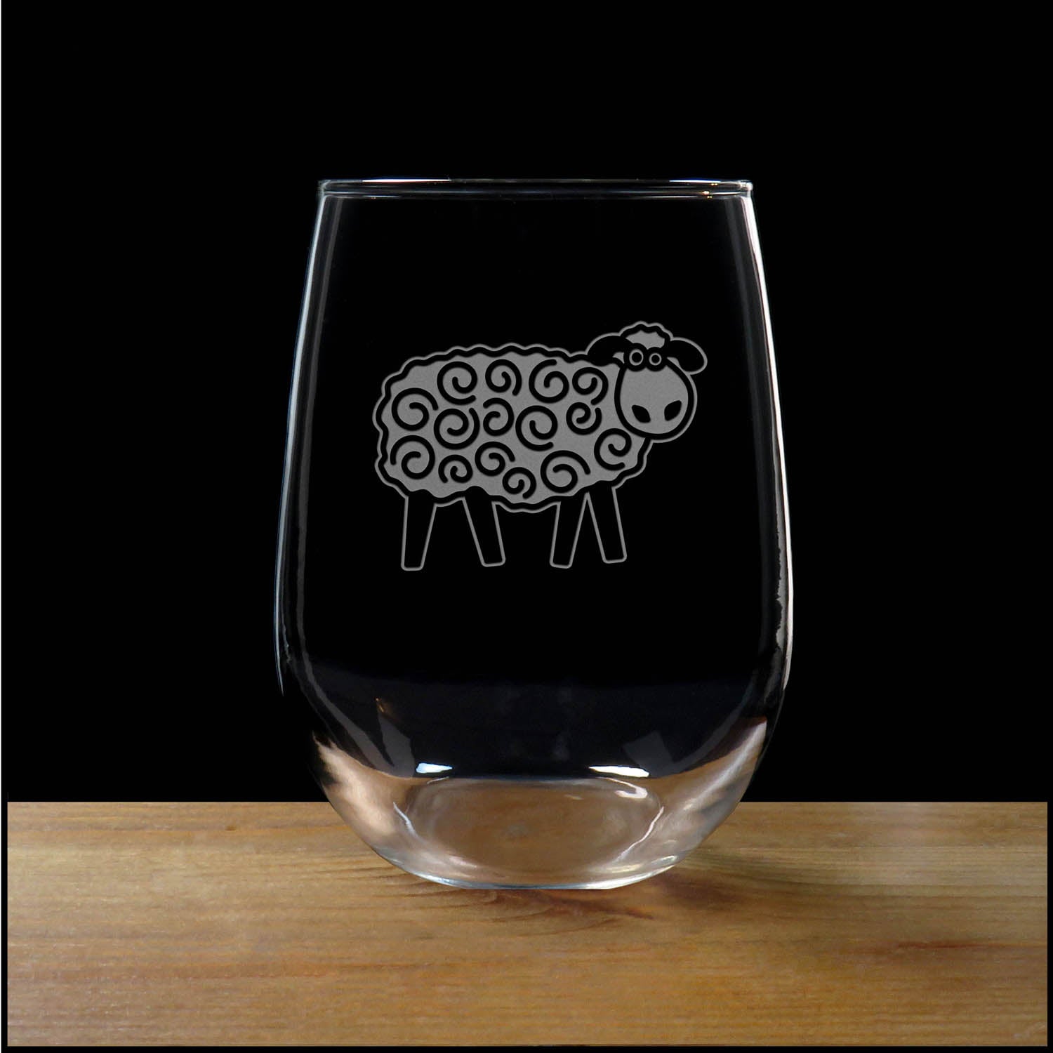 Cute Sheep image etched on a 17oz Stemless Wine Glass - Copyright Hues in Glass