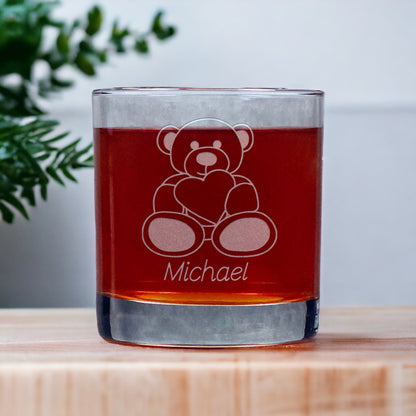 Personalized Teddy Bear Whisky Glass - Design 1 - Copyright Hues in Glass