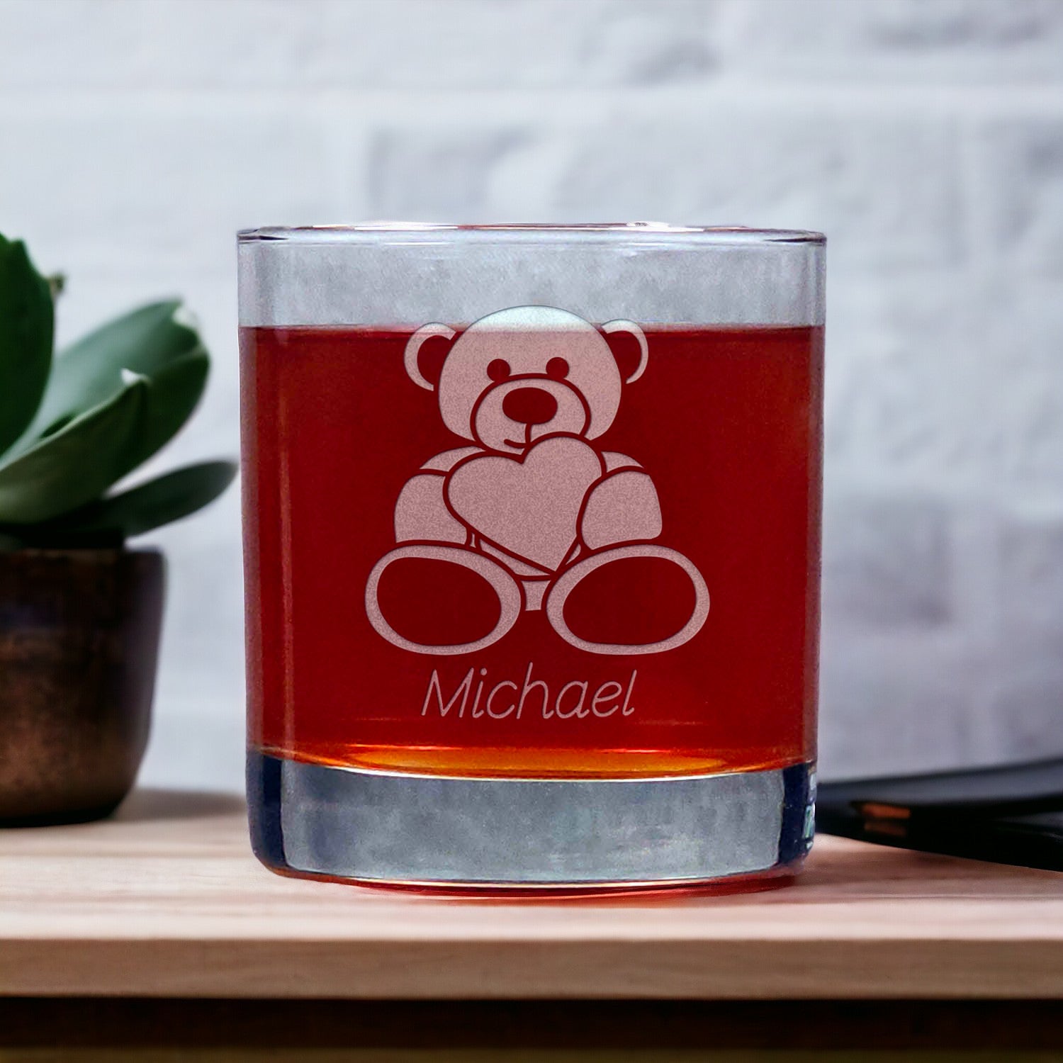 Personalized Teddy Bear Whisky Glass - Design 2 - Copyright Hues in Glass