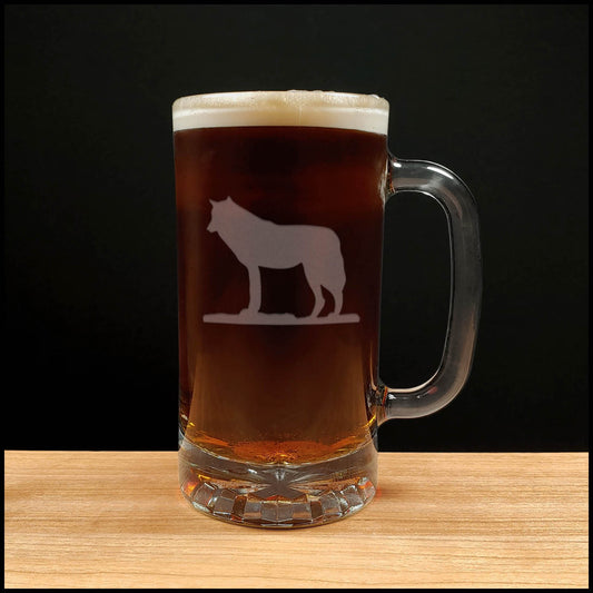Wolf 16oz Beer Mug - Design 2 - Copyright Hues in Glass