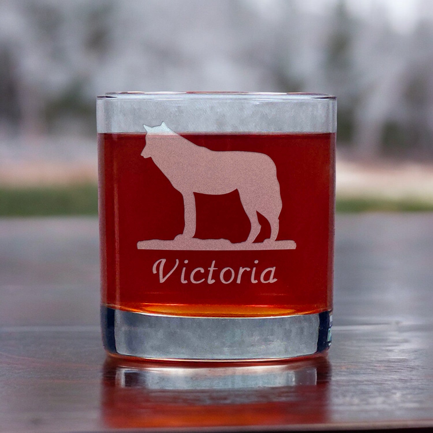 Personalized Wolf Whisky Glass - Design 2 - Copyright Hues in Glass