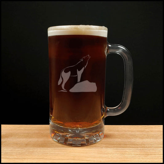 Wolf Howling 16oz Beer Mug - Design 2 - Copyright Hues in Glass