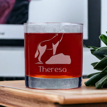 Personalized Howling Wolf Whisky Glass - Design 2 - Copyright Hues in Glass