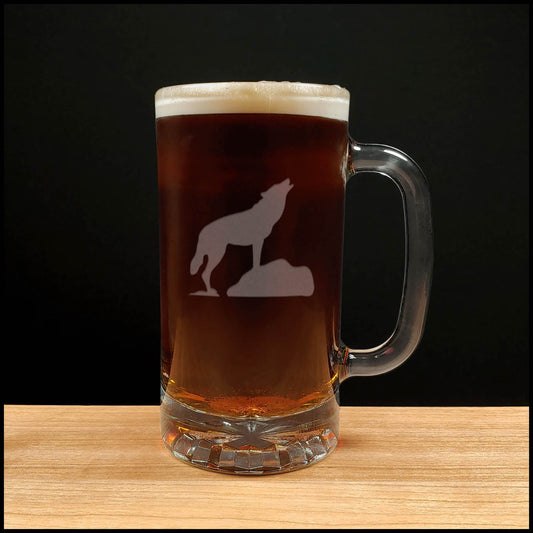 Wolf Howling 16oz Beer Mug - Design 1 - Copyright Hues in Glass