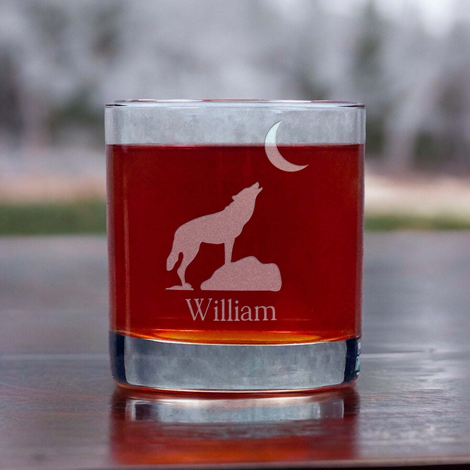 Personalized Wolf Howling at the Moon Whisky Glass - Design 1 - Copyright Hues in Glass