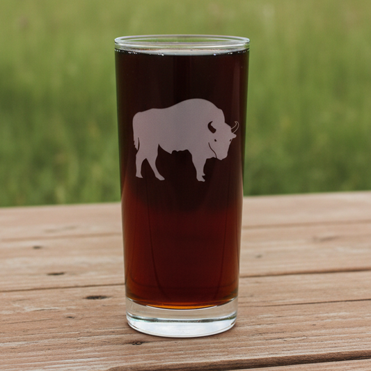 15oz Cooler  Glass with an etched image of a buffalo with a background of a field